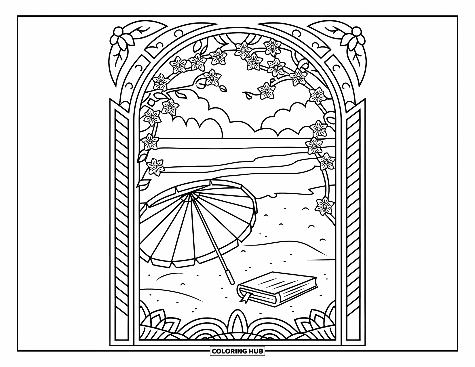 Spring Break Coloring Page for Adults: A relaxing beach setup with a parasol and book framed by flowers