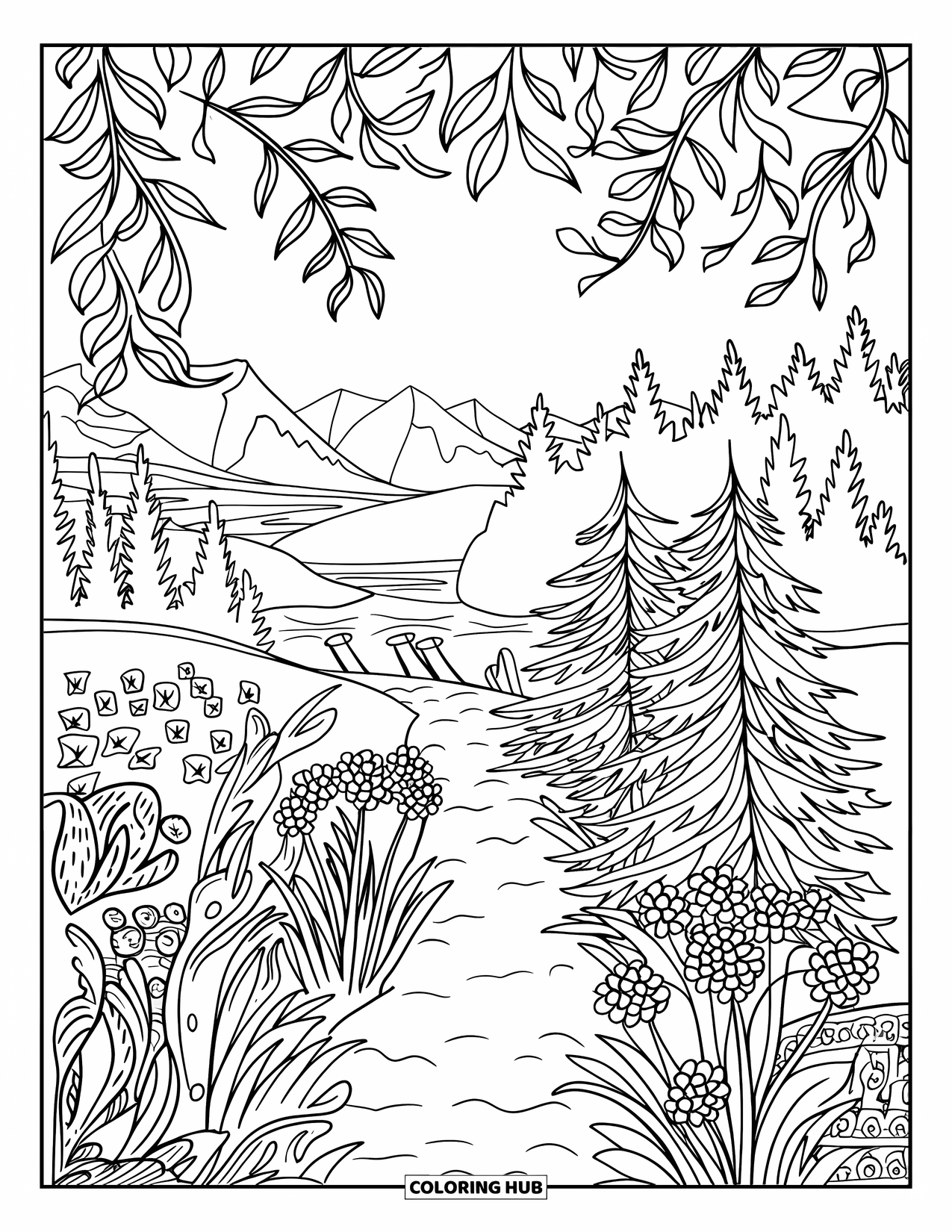 Spring Break Coloring Page for Adults: A scenic path through a blooming forest framed by leaves