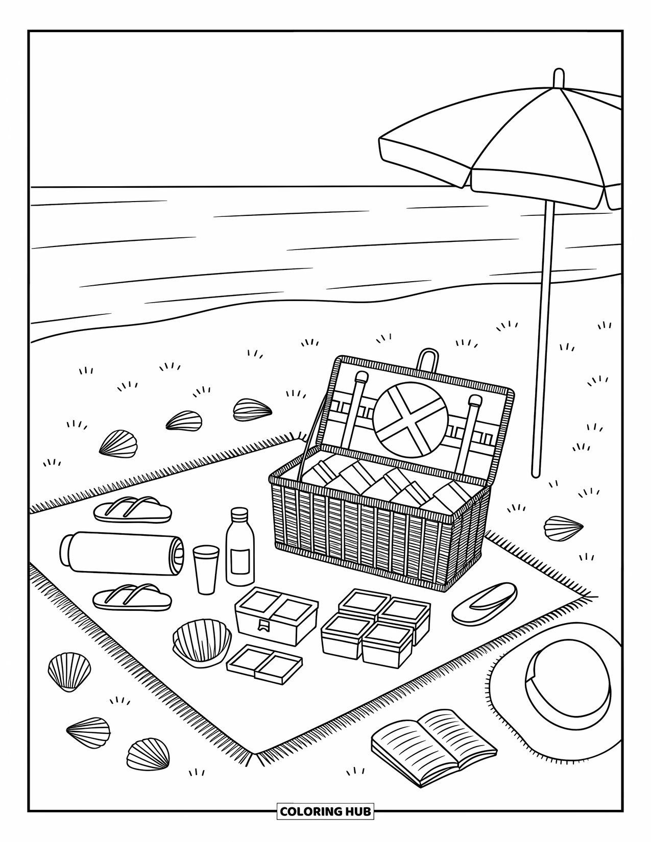 Spring Break Coloring Page for Adults: A seaside picnic blanket with fruit, flip-flops, and gentle waves