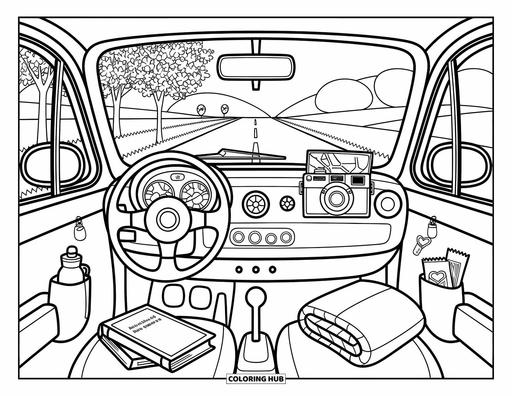 Spring Break Coloring Page for Adults: A small car interior with maps, flowers, and a sunny spring road ahead