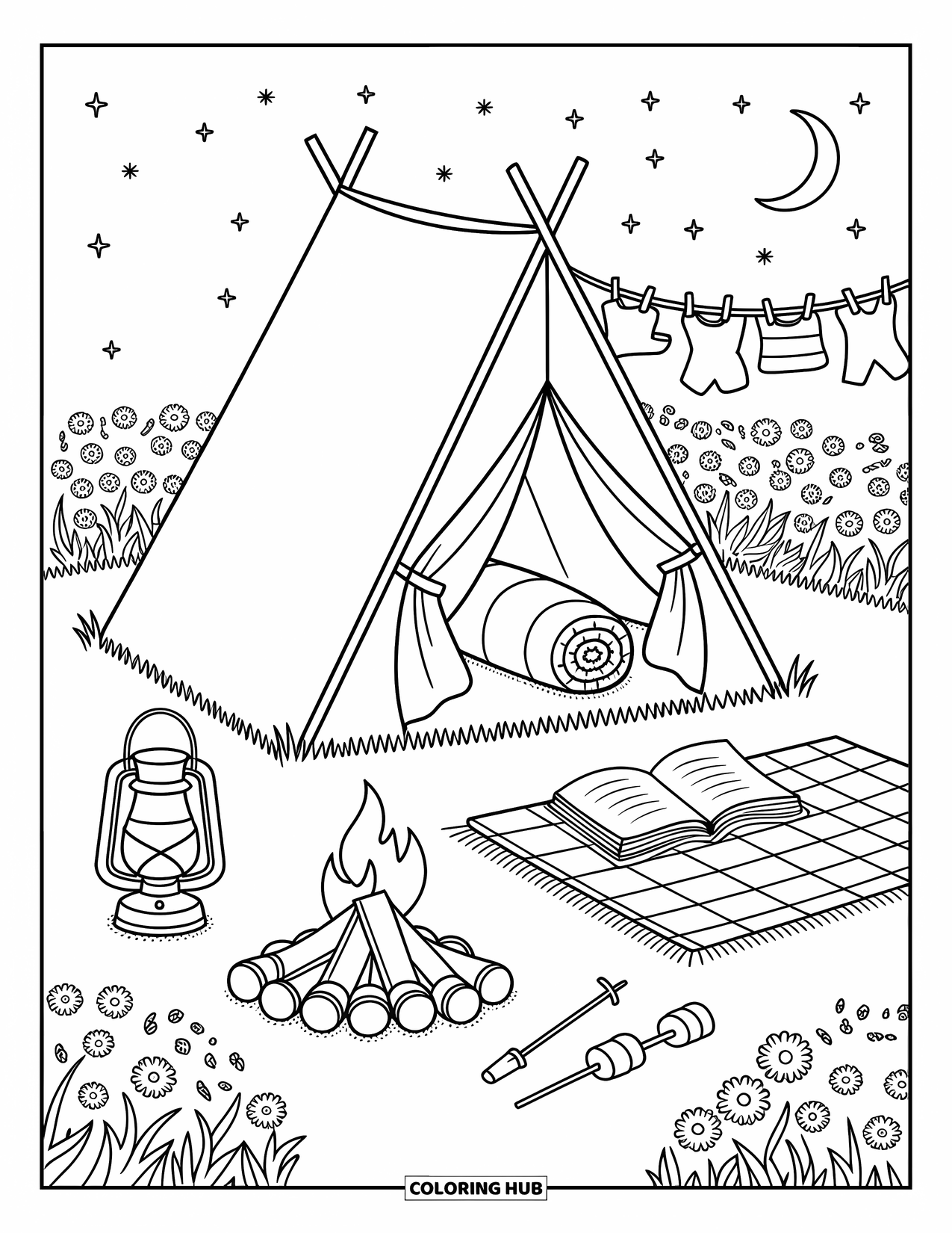 Spring Break Coloring Page for Adults: A small tent scene with a pretend campfire and glowing lantern