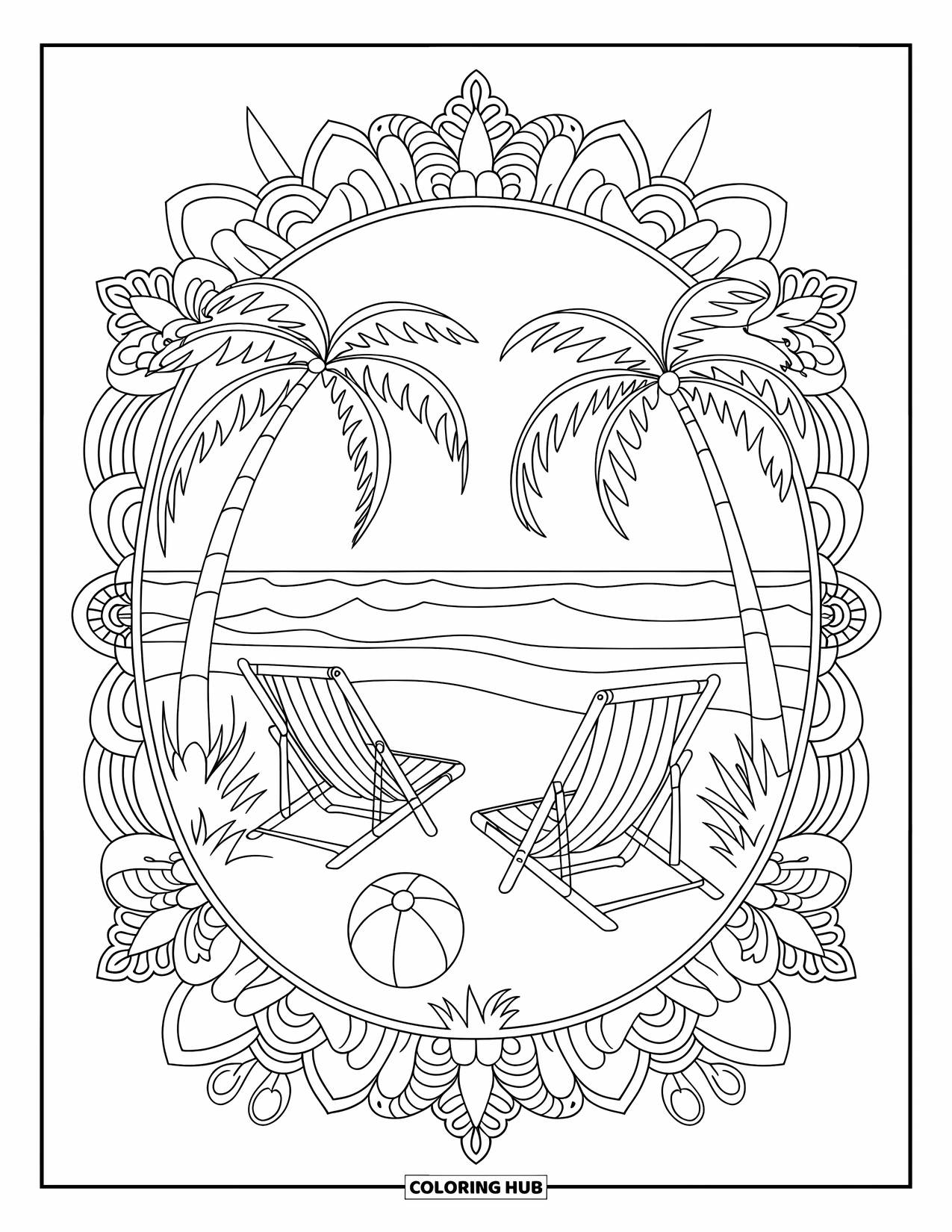 Spring Break Coloring Page for Adults: A spring beach chair scene surrounded by floral mandala art