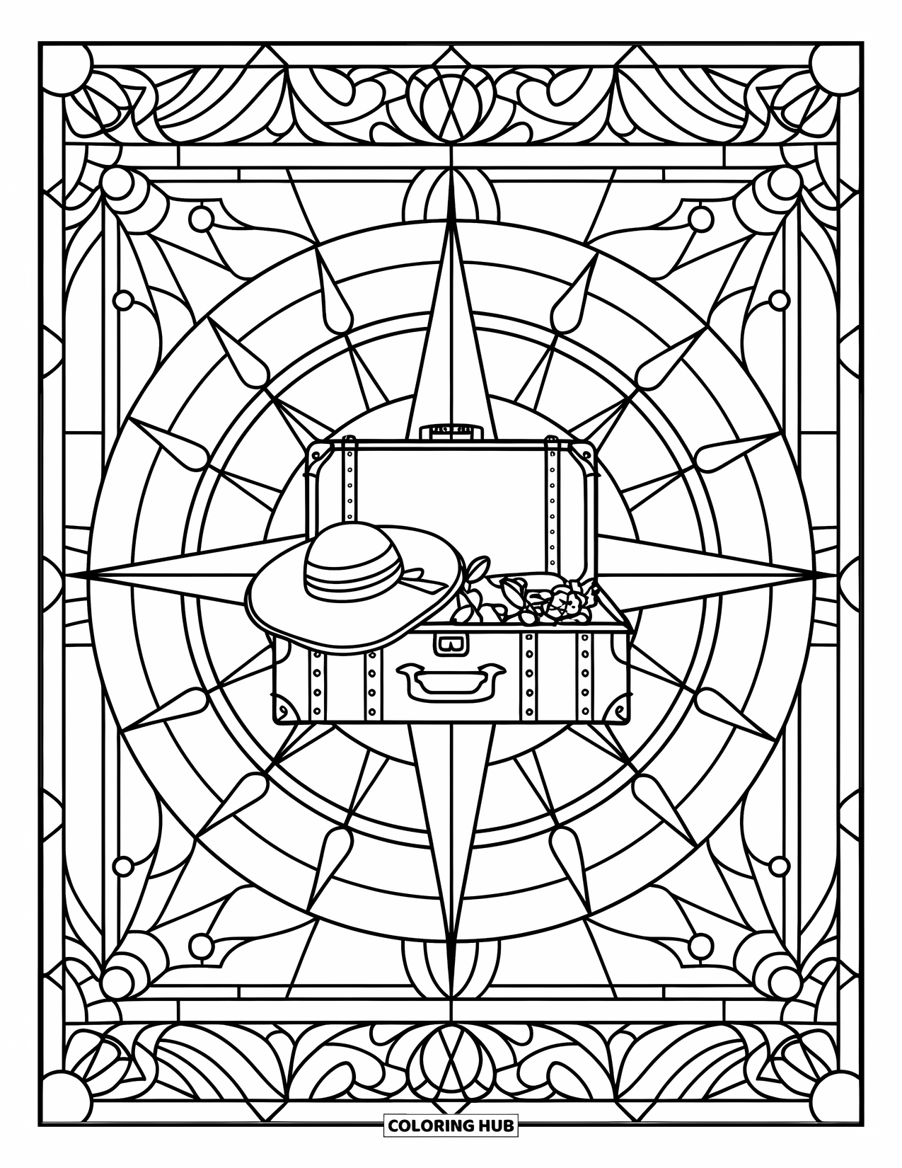 Spring Break Coloring Page for Adults: A stained glass compass rose framing a suitcase and hat