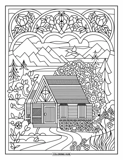 Spring Break Coloring Page for Adults: A woodland cabin framed by stained glass flowers and birds