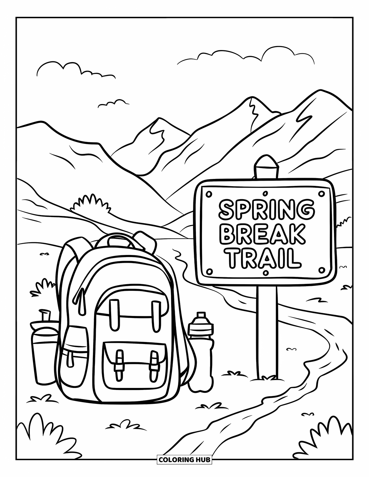 Spring Break Coloring Page for Kids: A backpack rests on a trail marked "Spring Break Trail"