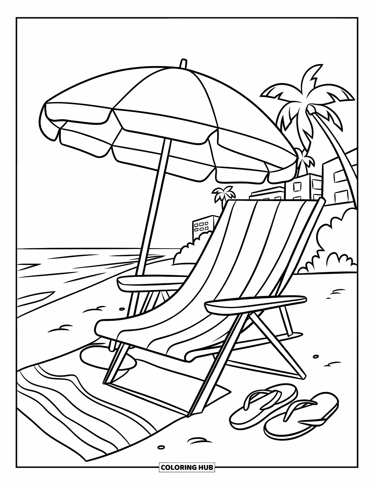 Spring Break Coloring Page for Kids: A beach chair and umbrella rest under palm trees by the sea
