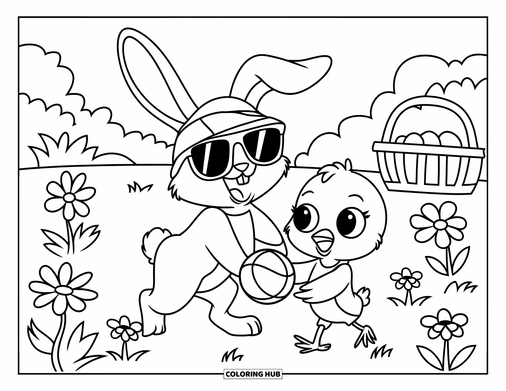 Spring Break Coloring Page for Kids: A bunny and chick play ball in a field of spring flowers