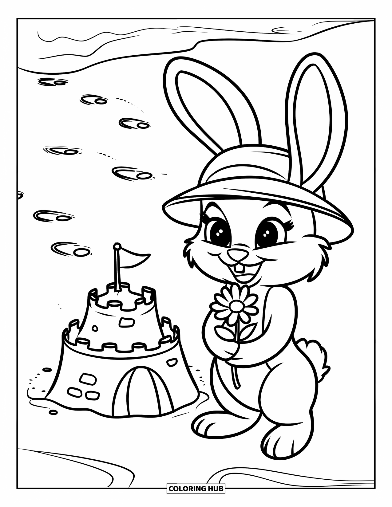 Spring Break Coloring Page for Kids: A bunny holds a flower beside a sandcastle by the sea