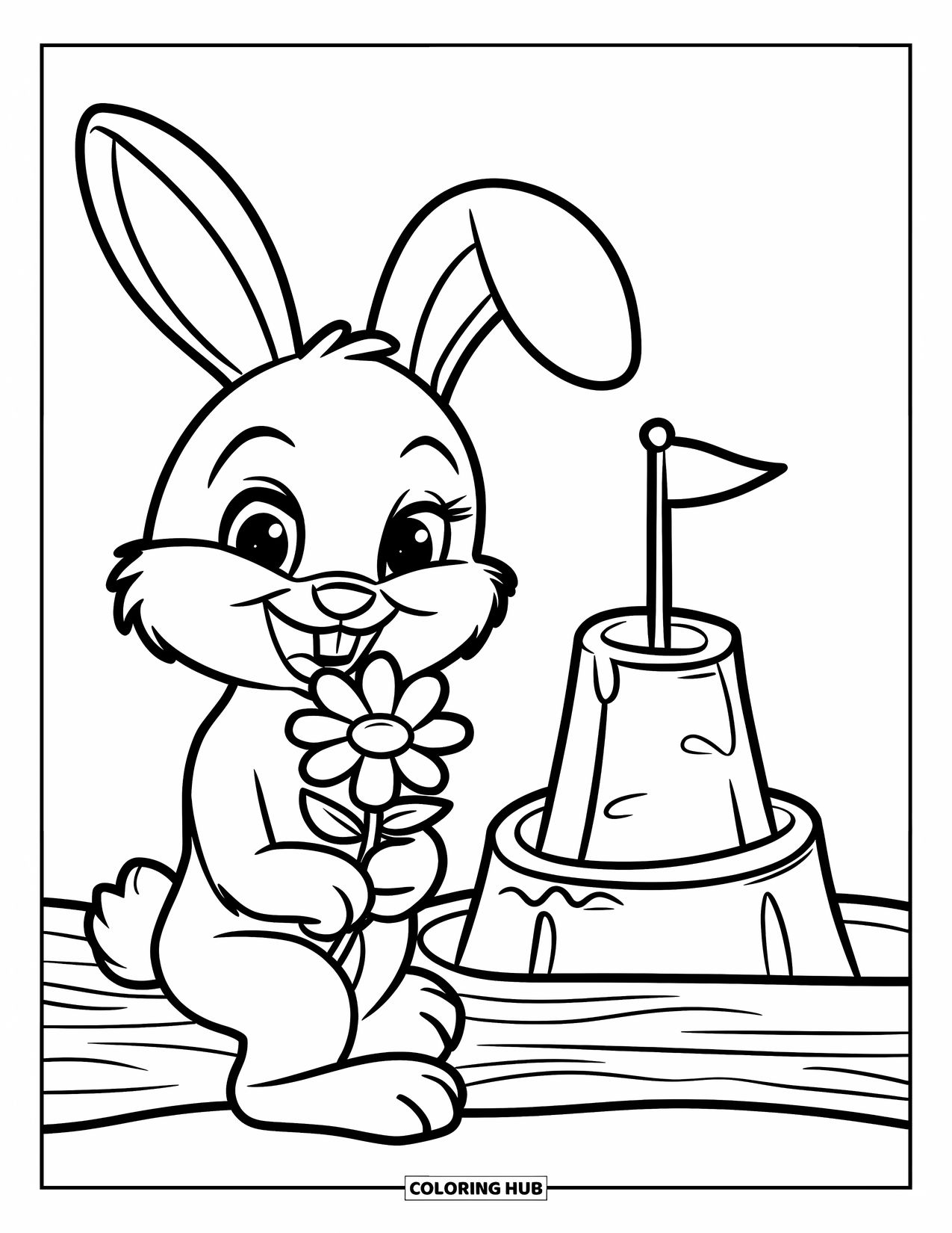 Spring Break Coloring Page for Kids: A bunny smiles beside a sandcastle and spring blooms