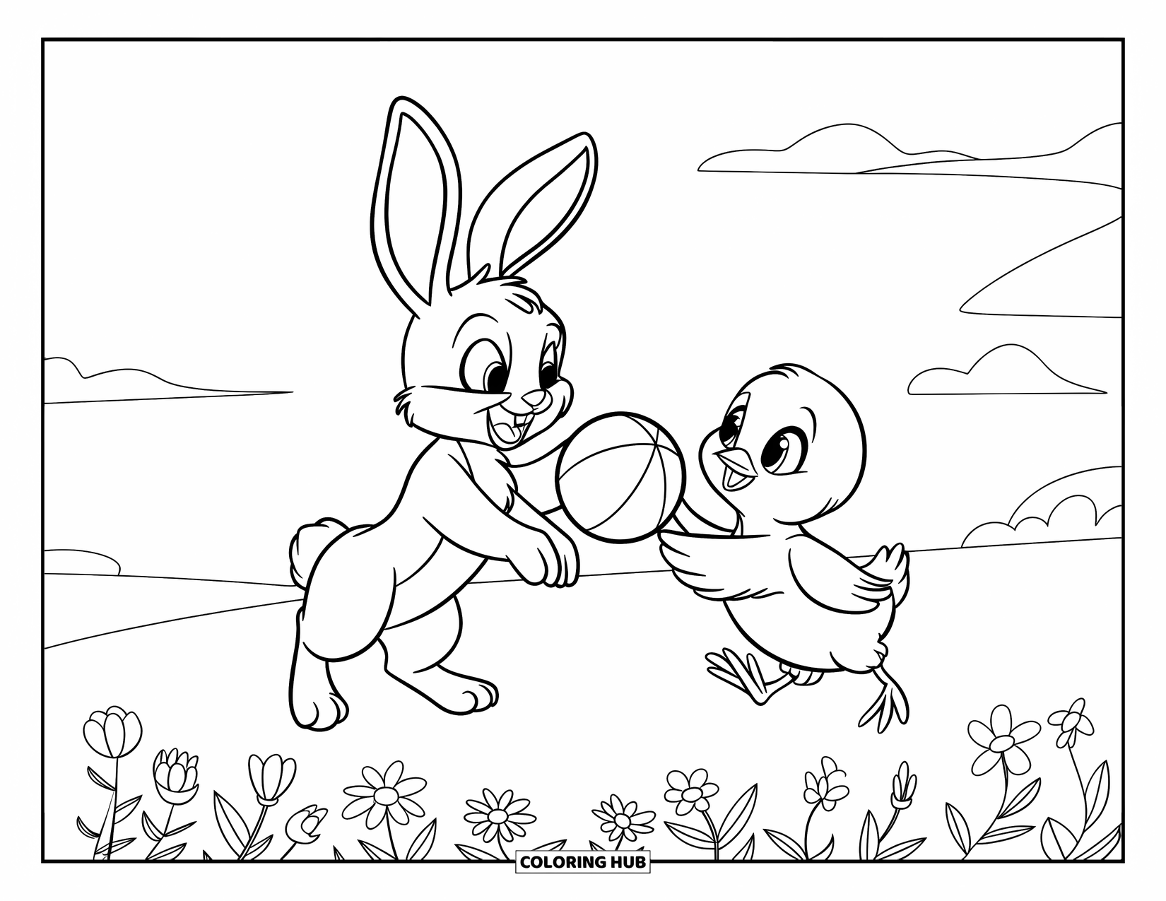 Spring Break Coloring Page for Kids: A bunny tosses a ball to a chick in a sunny flower field