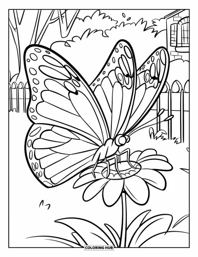 Spring Break Coloring Page for Kids: A butterfly flutters over a blooming spring flower