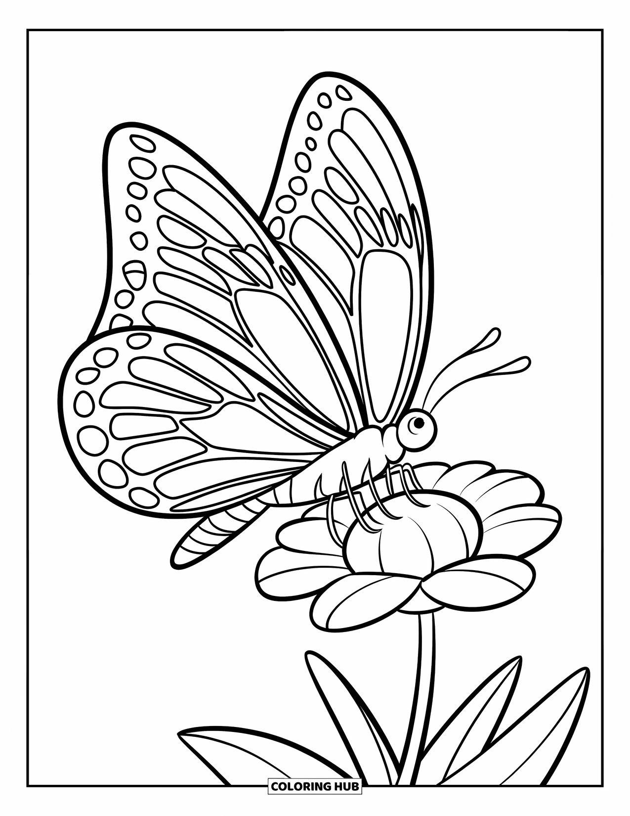 Spring Break Coloring Page for Kids: A butterfly hovers over a flower in a sunny spring field