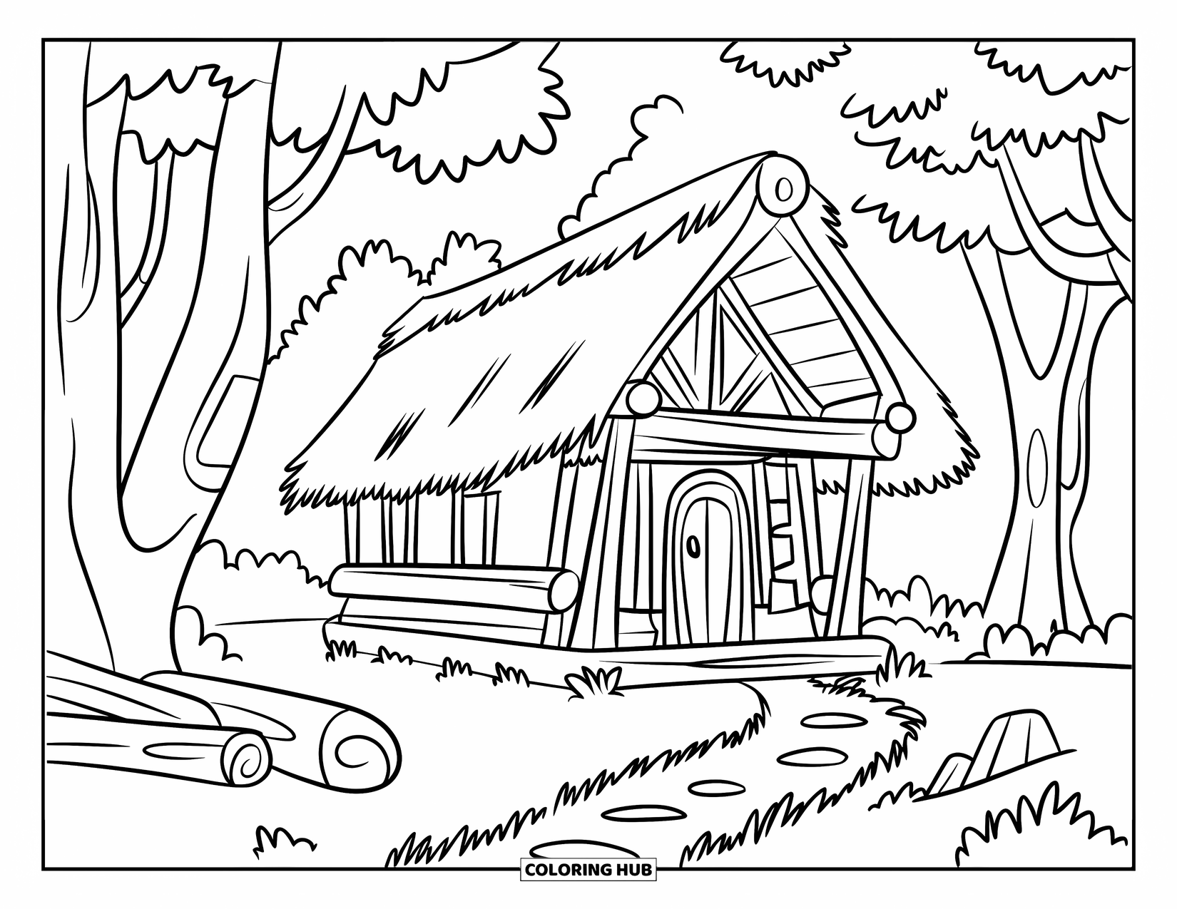Spring Break Coloring Page for Kids: A cabin stands in the woods surrounded by trees and a trail