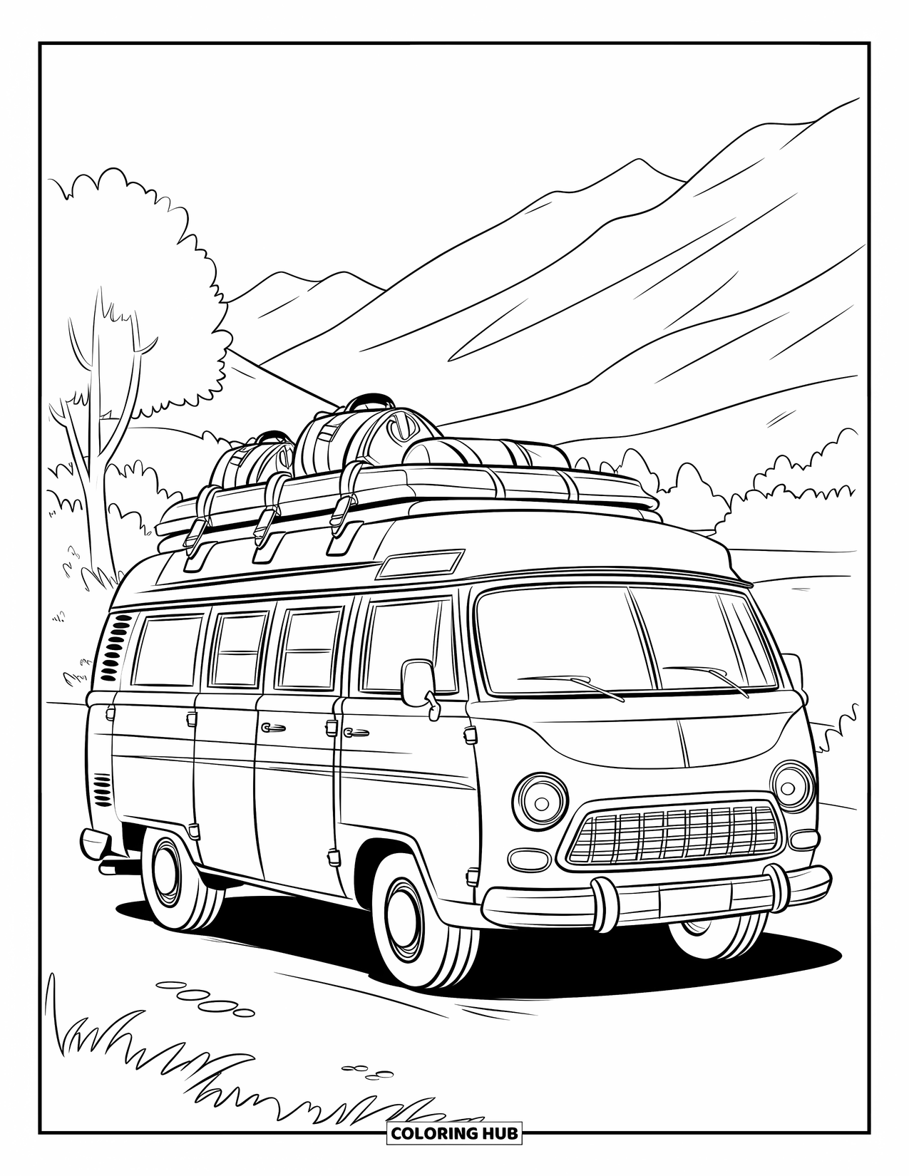 Spring Break Coloring Page for Kids: A camper van loaded with luggage heads off for spring break