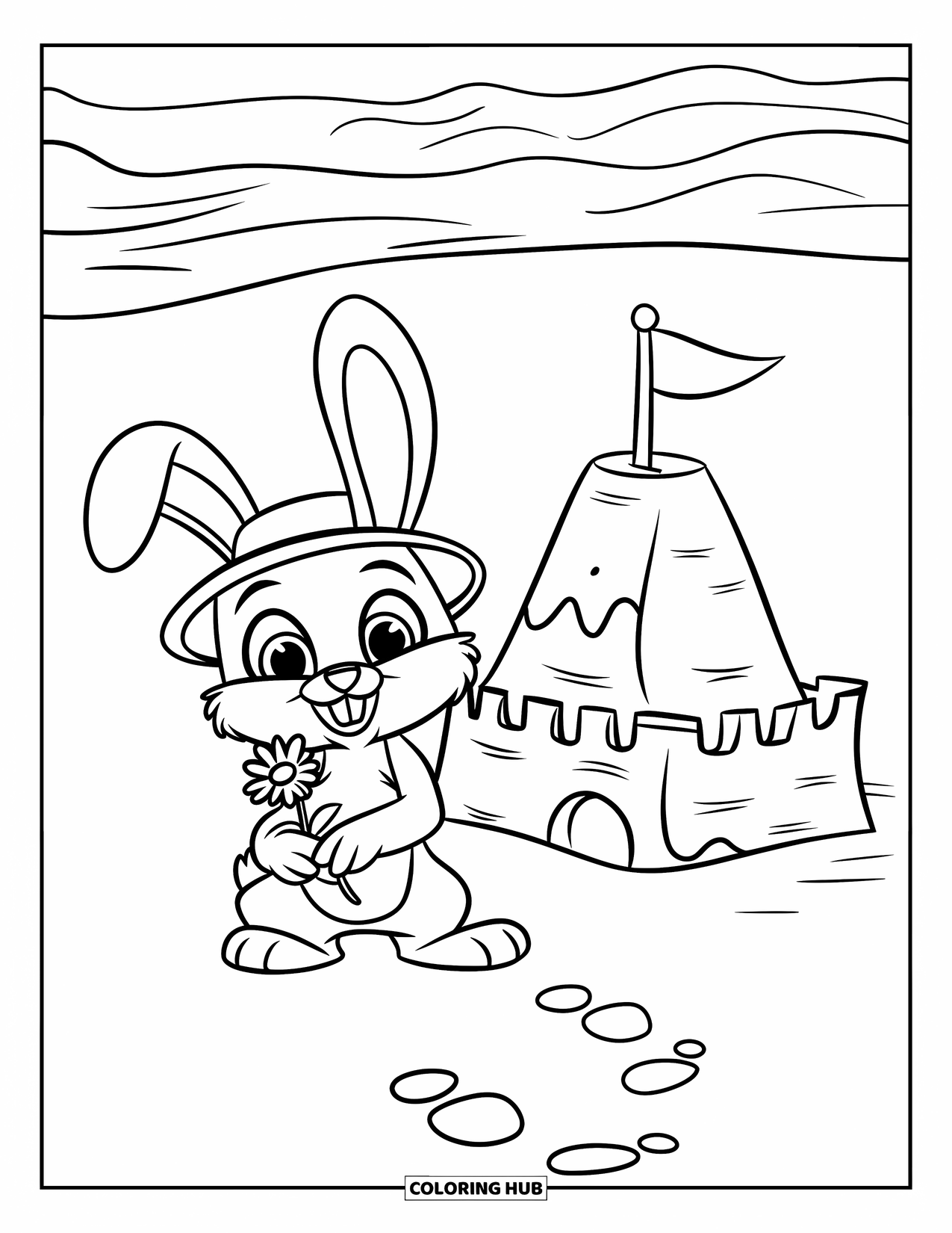 Spring Break Coloring Page for Kids: A cheerful bunny holds a flower near a sandy castle