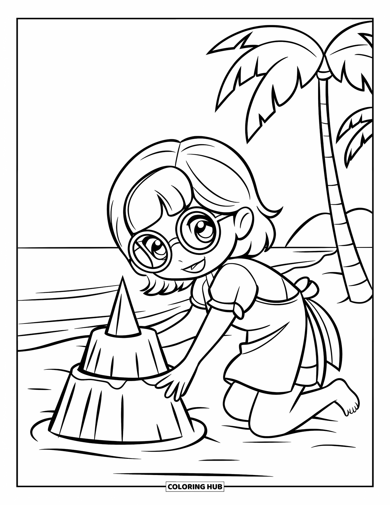 Spring Break Coloring Page for Kids: A chibi girl builds a sandcastle on the beach
