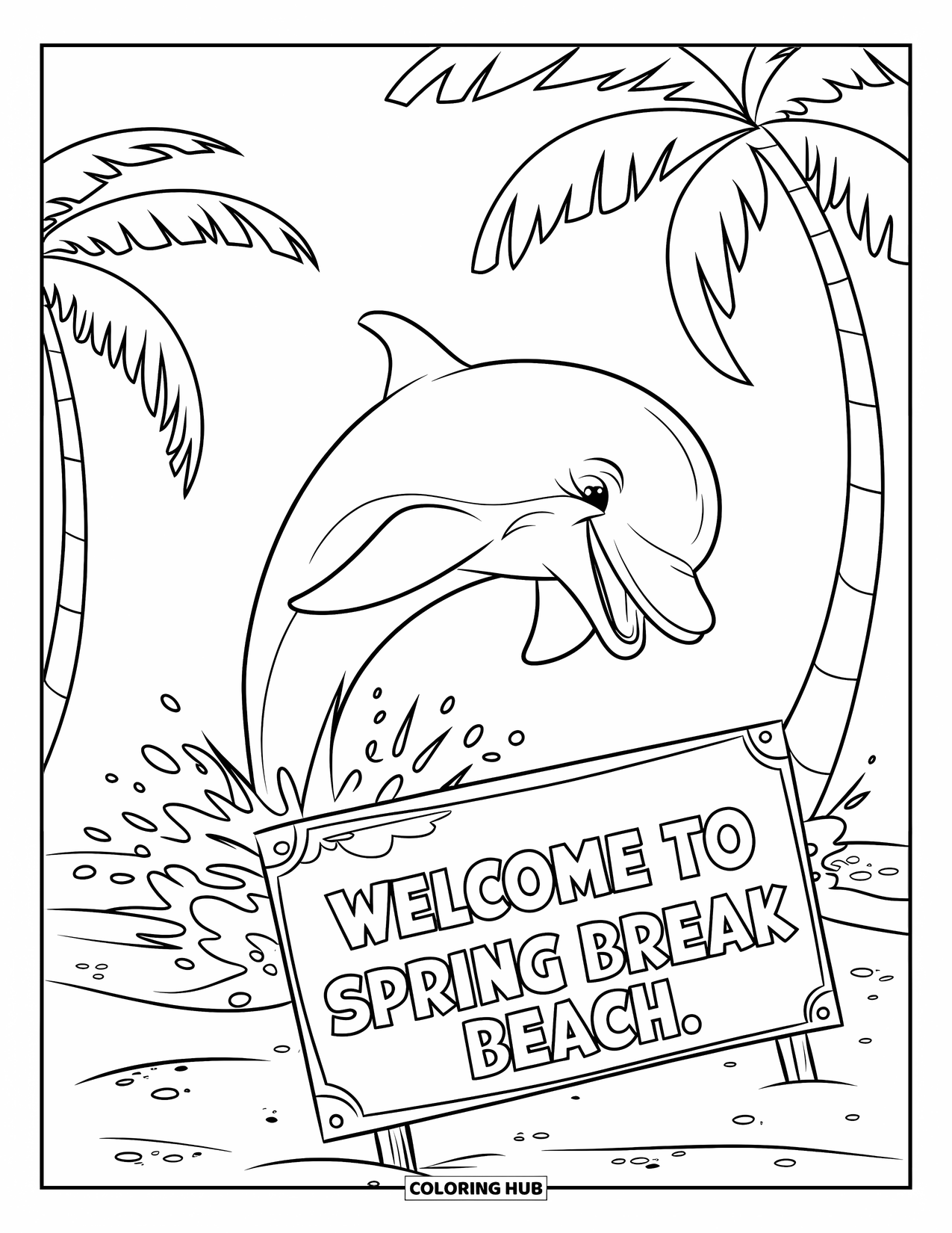 Spring Break Coloring Page for Kids: A dolphin leaps over waves beside a "Spring Break Beach" sign