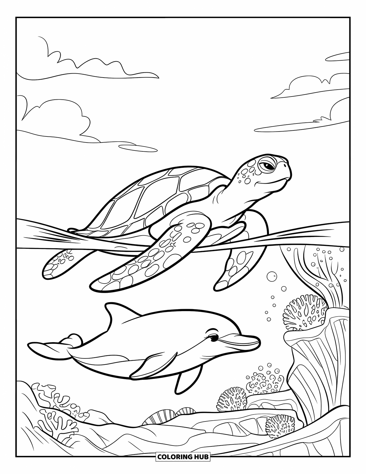 Spring Break Coloring Page for Kids: A friendly turtle and dolphin explore colorful coral reefs
