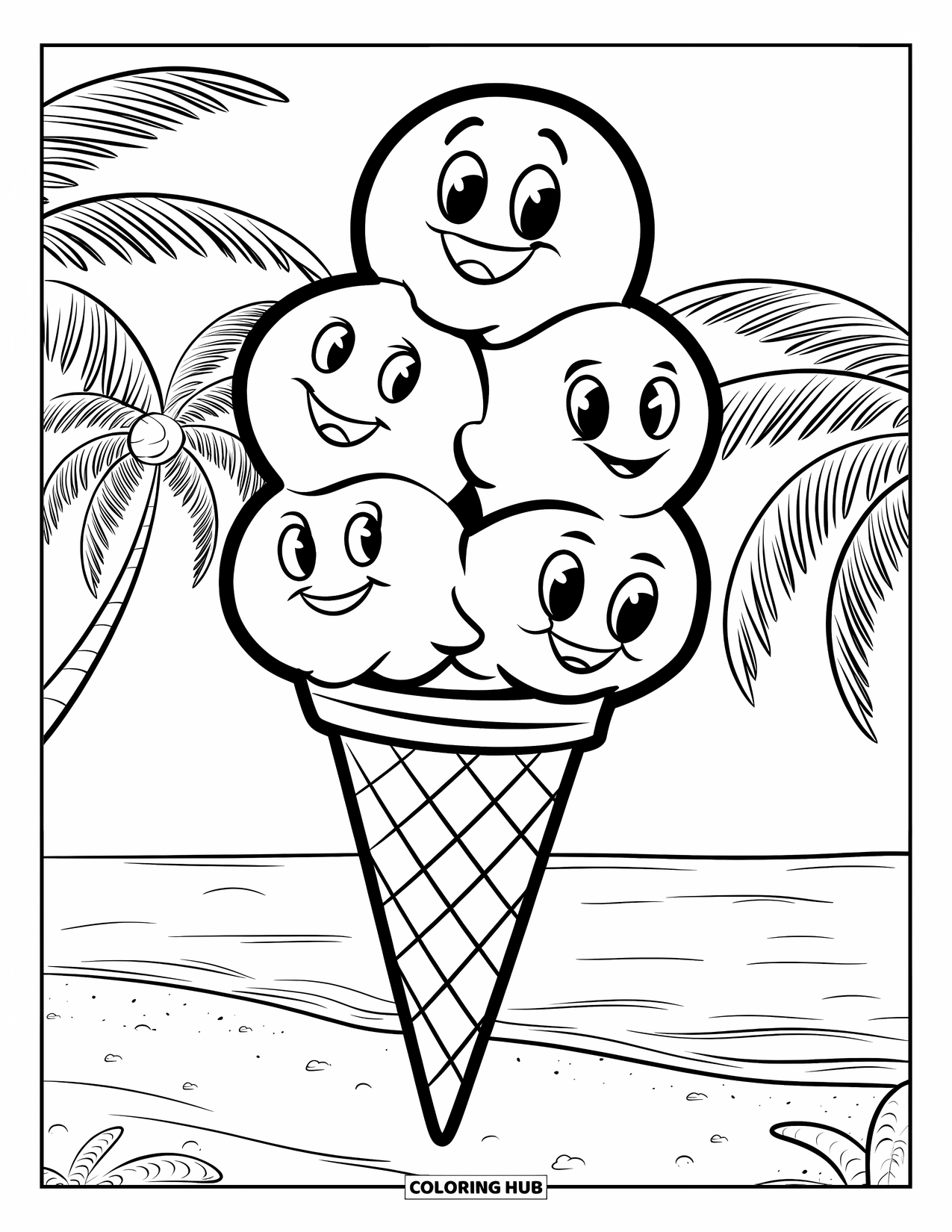 Spring Break Coloring Page for Kids: A giant ice cream cone smiles under the palm trees