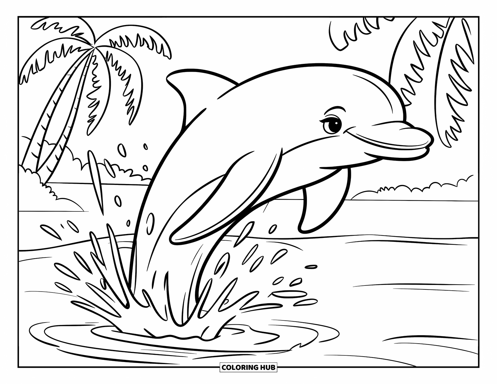 Spring Break Coloring Page for Kids: A happy dolphin leaps from the water under sunny skies