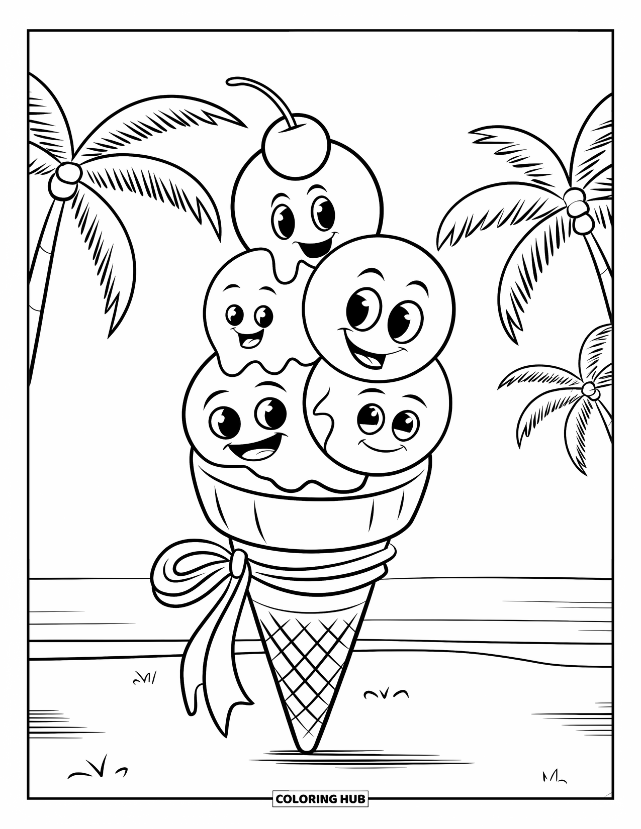 Spring Break Coloring Page for Kids: A happy ice cream cone with smiling scoops sits on the beach