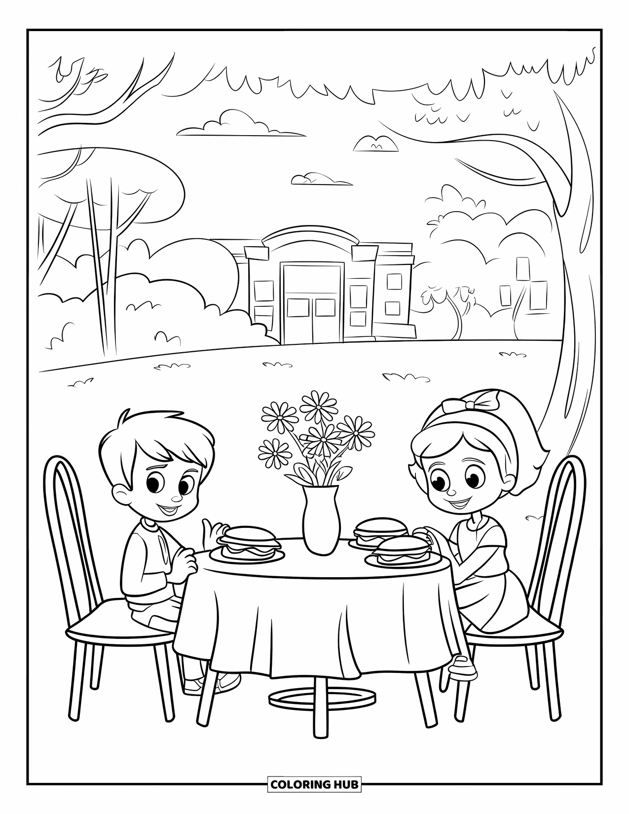 Spring Break Coloring Page for Kids: A happy spring park picnic with sandwiches and flowers on the table