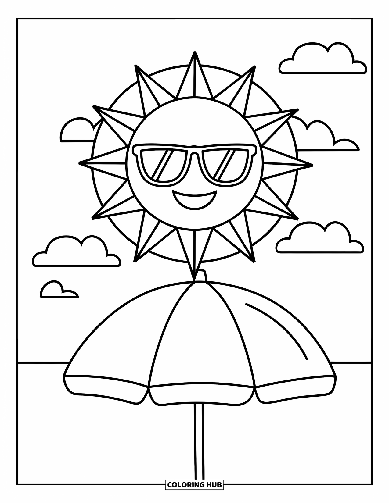 Spring Break Coloring Page for Kids: A happy sun wearing shades beams over the spring break beach