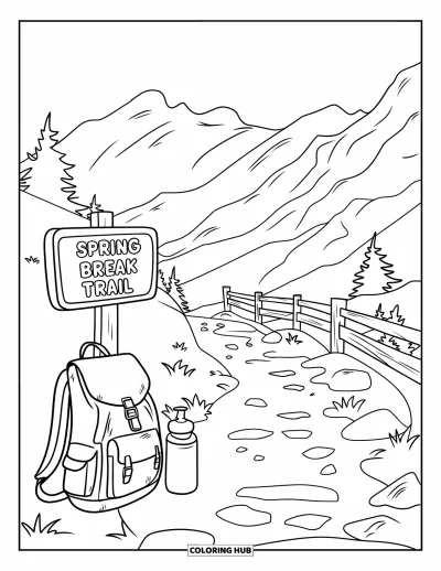 Spring Break Coloring Page for Kids: A hiking trail sign reads "Spring Break Trail" beside a pack and water