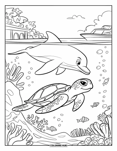 Spring Break Coloring Page for Kids: A joyful turtle and dolphin swim together near coral and fish