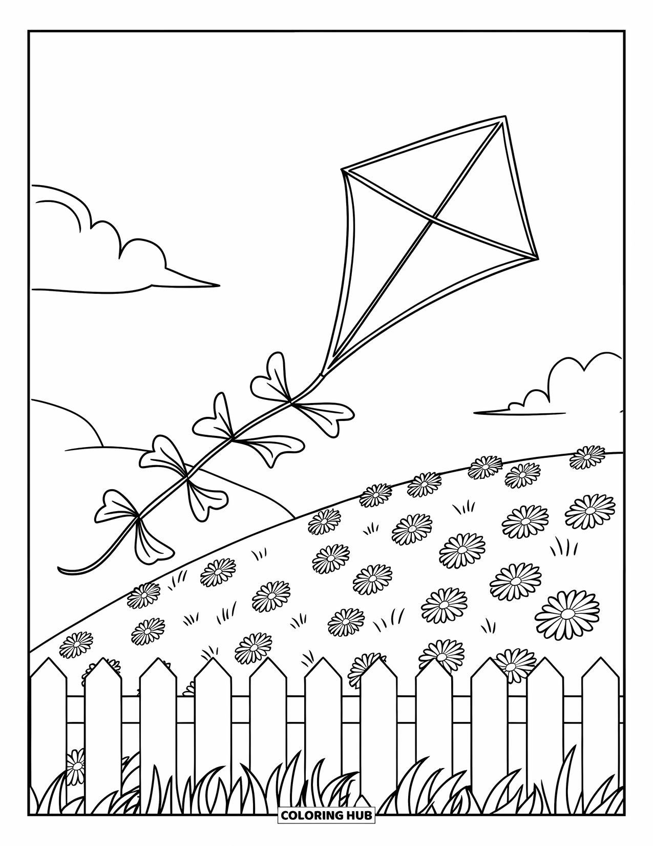 Spring Break Coloring Page for Kids: A kite soars above a flowered hill and white picket fence