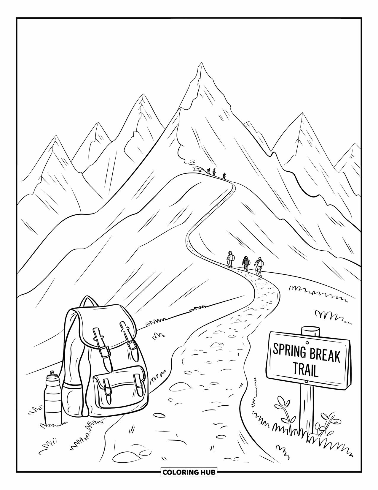 Spring Break Coloring Page for Kids: A mountain trail winds past a sign for "Spring Break Trail"
