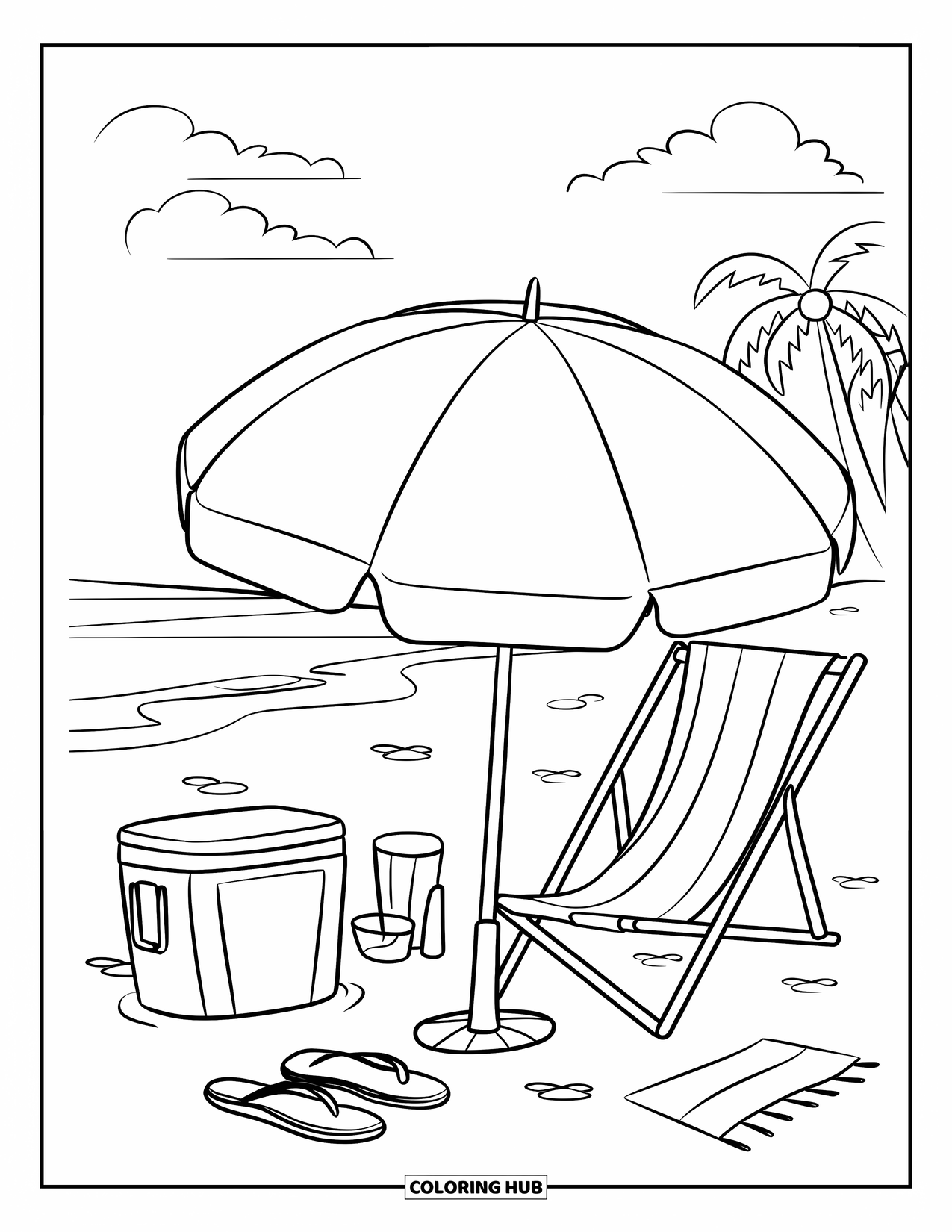Spring Break Coloring Page for Kids: A relaxing spring beach scene with an umbrella and flip-flops