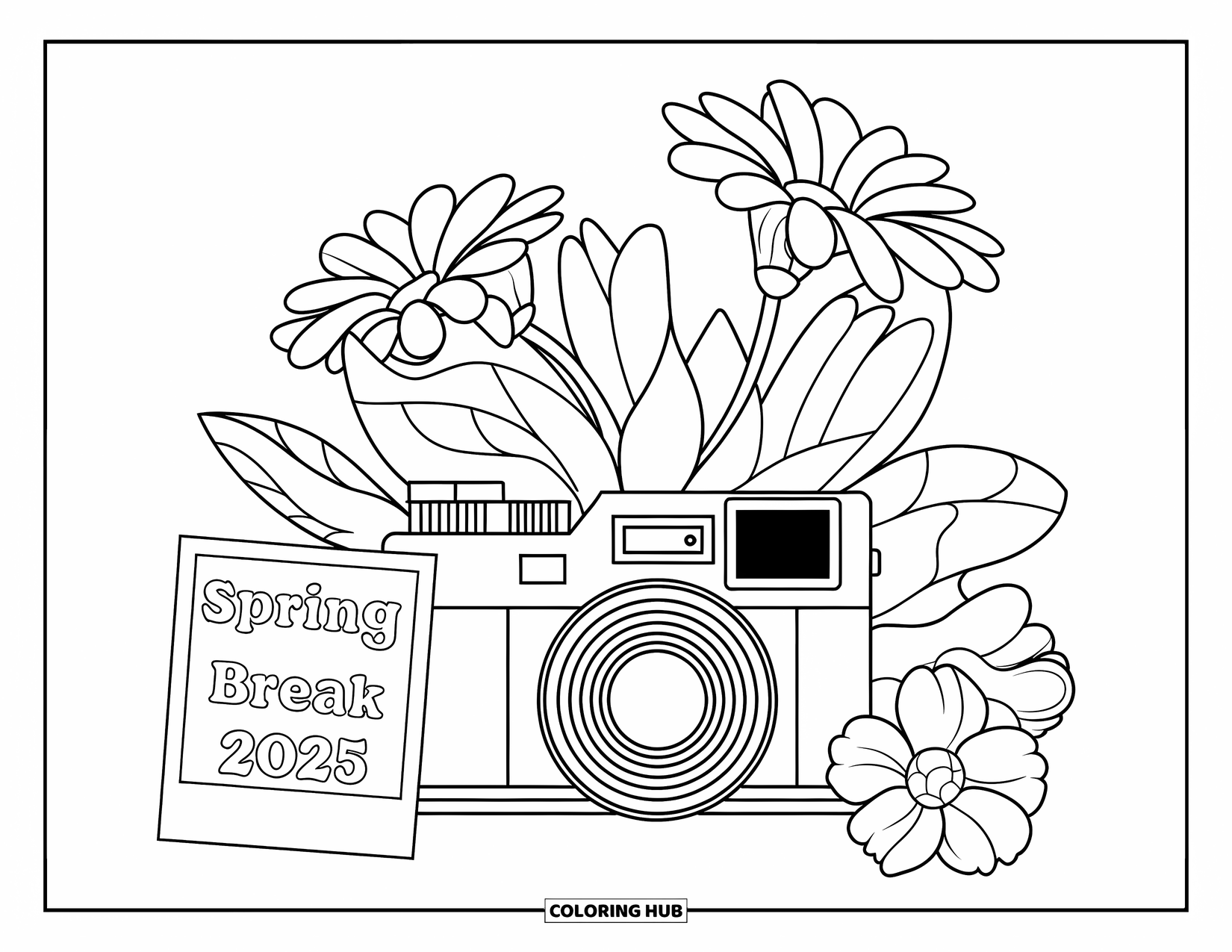 Spring Break Coloring Page for Kids: A retro camera rests among blooming flowers and a "Spring Break 2025" photo