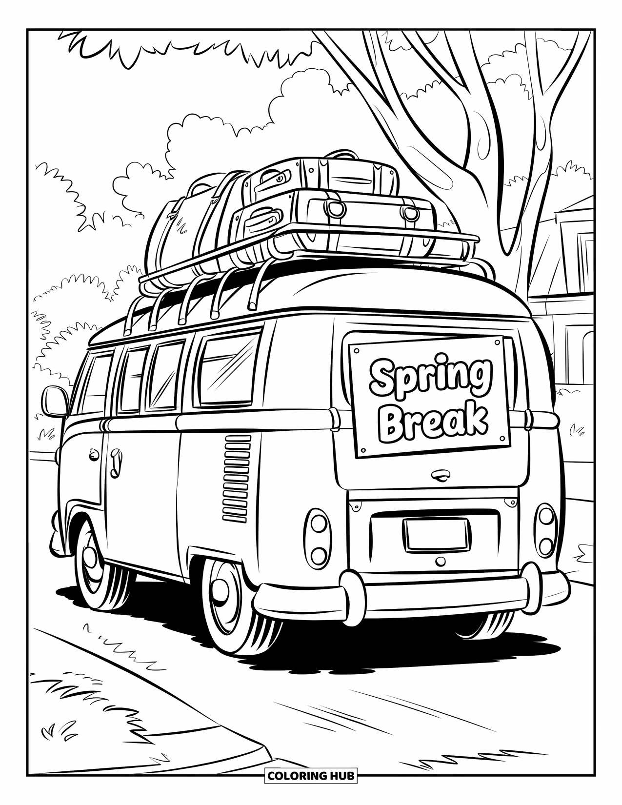Spring Break Coloring Page for Kids: A retro van with bags and a surfboard sets off for a trip
