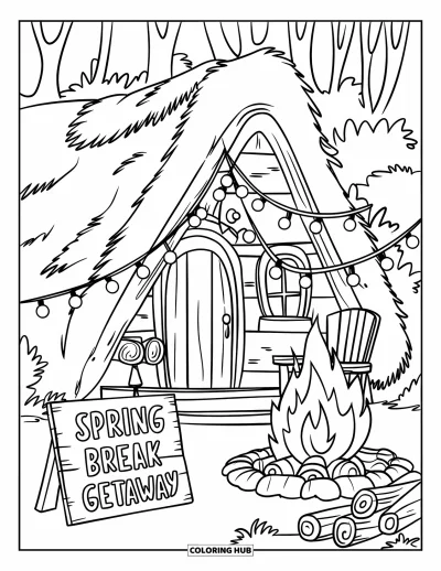 Spring Break Coloring Page for Kids: A rustic cabin with string lights and a fire welcomes spring travelers
