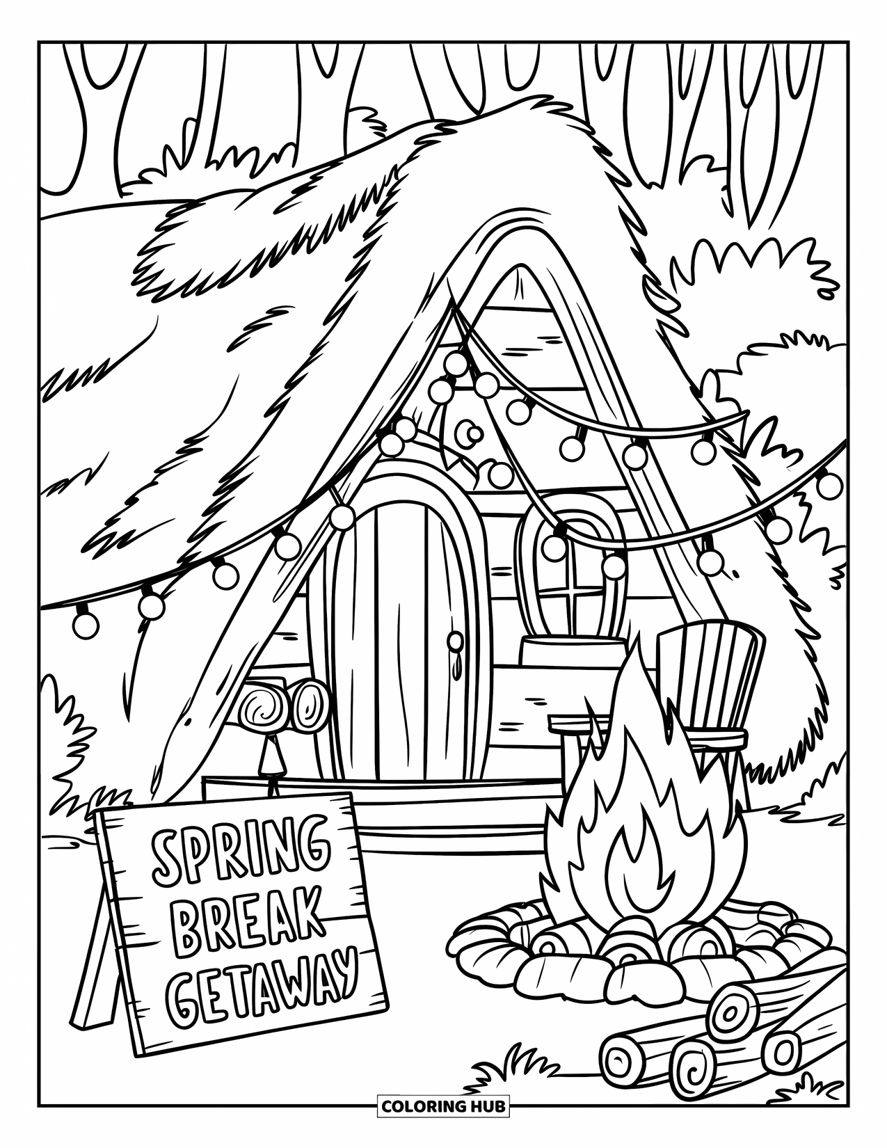 Spring Break Coloring Page for Kids: A rustic cabin with string lights and a fire welcomes spring travelers