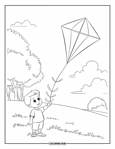 Spring Break Coloring Page for Kids: A smiling boy holds his kite on a sunny, grassy hill