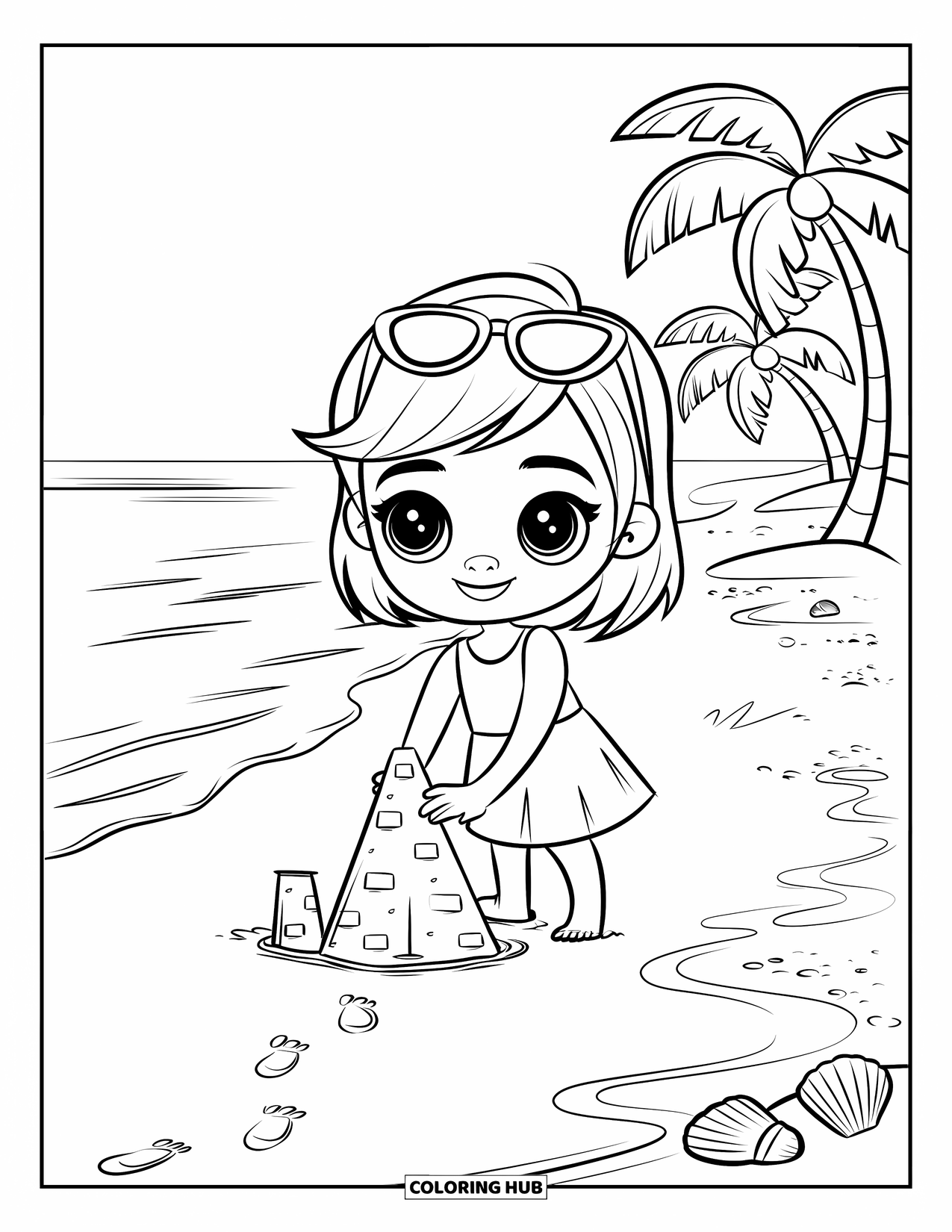 Spring Break Coloring Page for Kids: A smiling girl works on her sandcastle near the ocean
