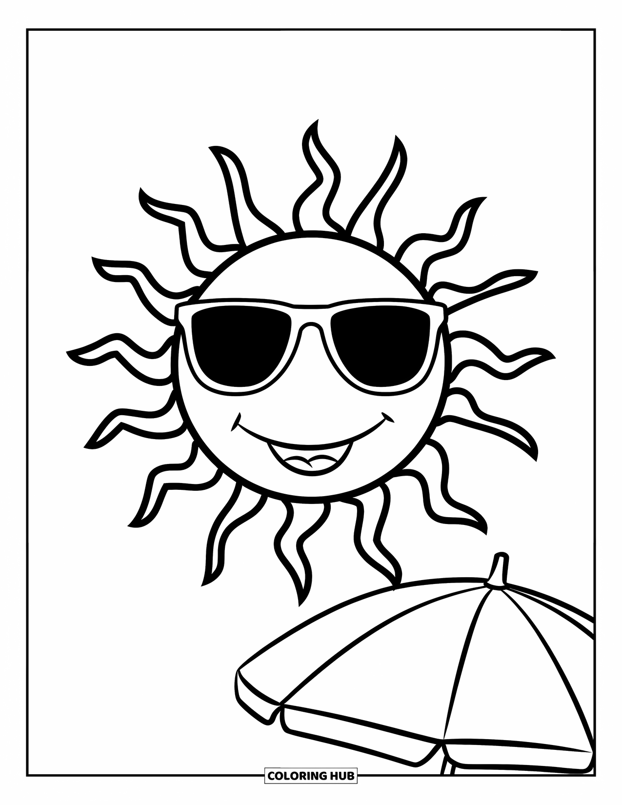 Spring Break Coloring Page for Kids: A smiling sun with sunglasses shines over a beach umbrella