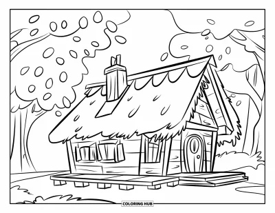 Spring Break Coloring Page for Kids: A spring cabin nestles among trees near a quiet lake