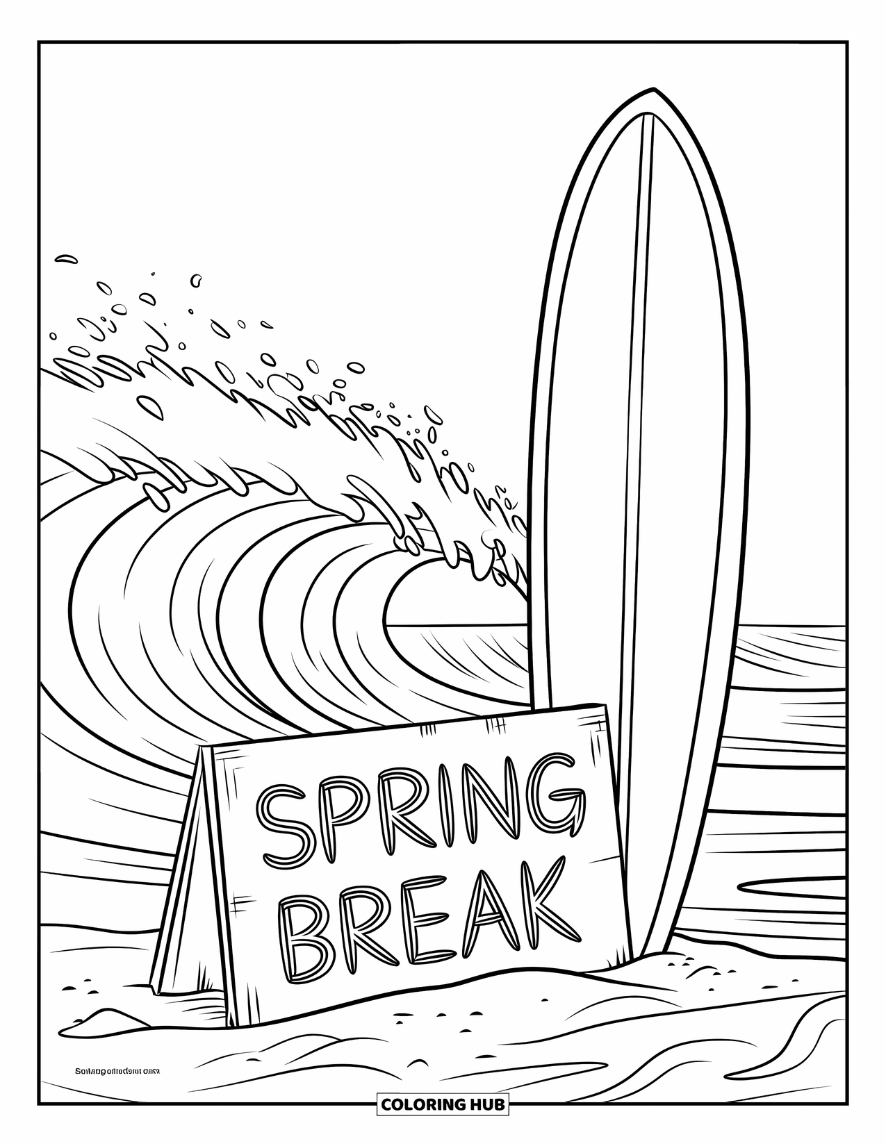 Spring Break Coloring Page for Kids: A surfboard and beach sign welcome visitors to spring break shores