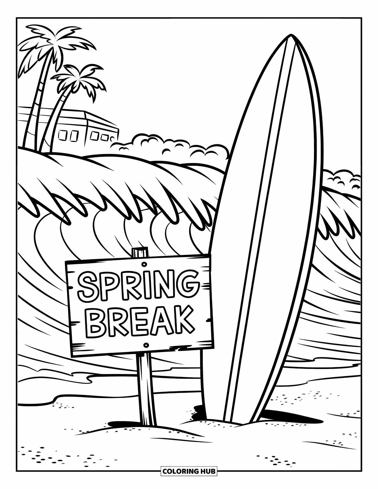 Spring Break Coloring Page for Kids: A surfboard rests on a beach with a "Spring Break" sign in the sand