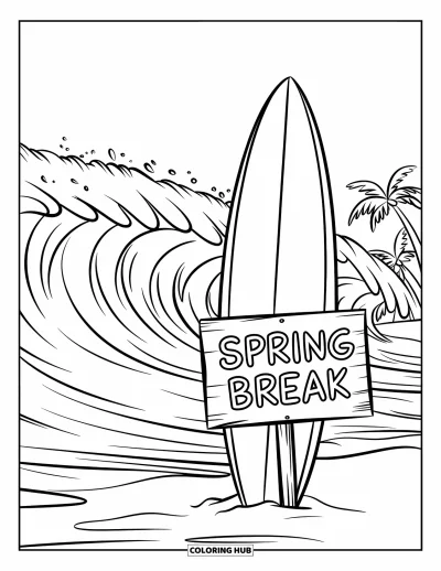 Spring Break Coloring Page for Kids: A surfboard stands in the sand beside waves and a "Spring Break" sign