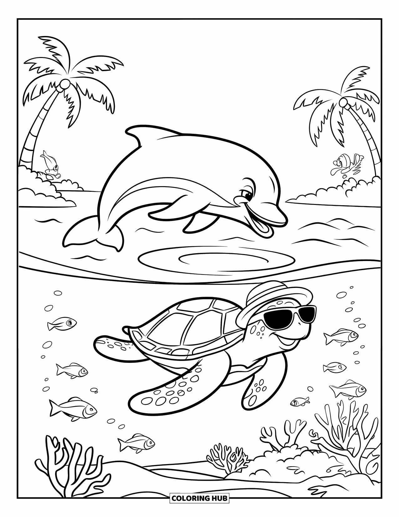 Spring Break Coloring Page for Kids: A turtle and dolphin glide through bright spring waters