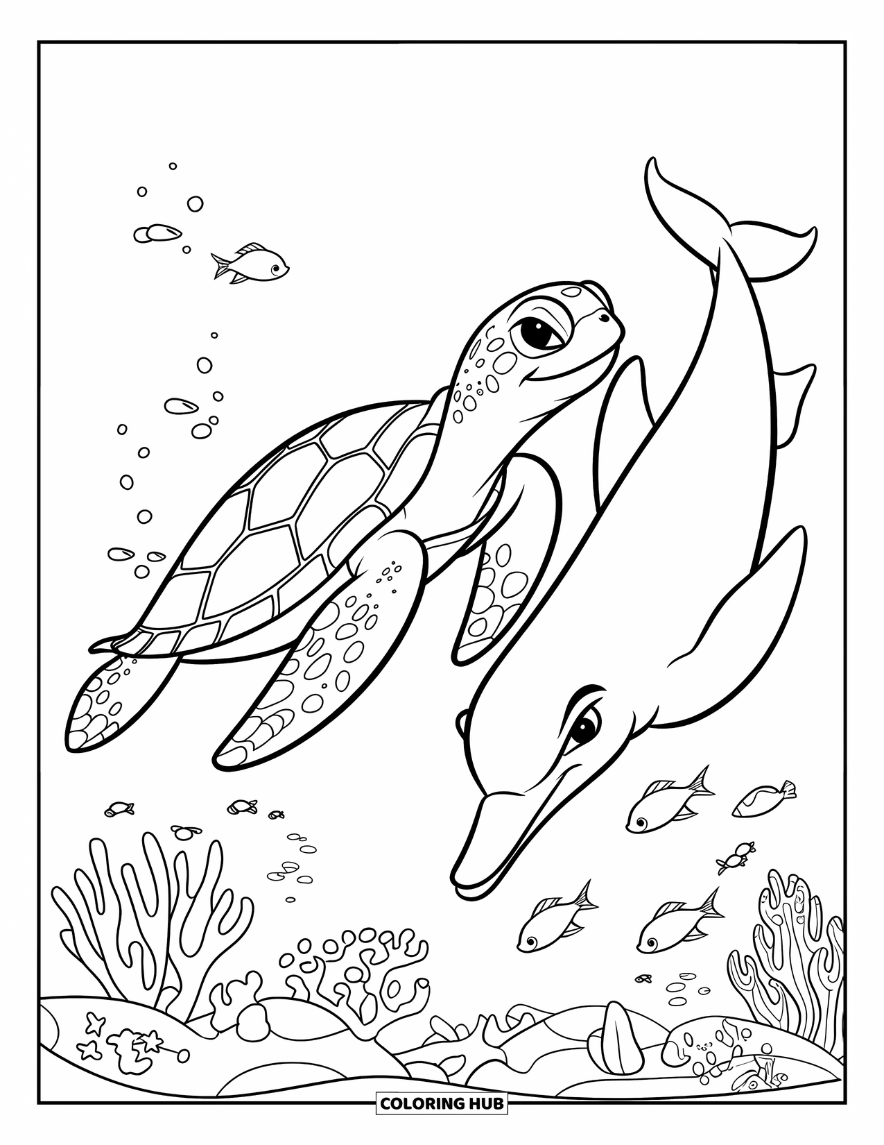 Spring Break Coloring Page for Kids: A turtle and dolphin swim happily by a coral reef