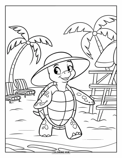 Spring Break Coloring Page for Kids: A turtle in a sun hat strolls along the sandy beach