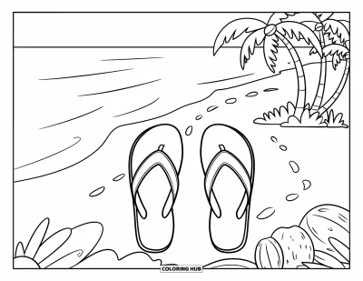 Spring Break Coloring Page for Kids: Flip-flops on the sand mark the start of a beach day
