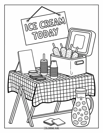 Coloriage de glaces d'été pour adultes : Une table de jardin estivale avec des pancartes, des sucettes glacées et du jus de fruits à l'atmosphère conviviale