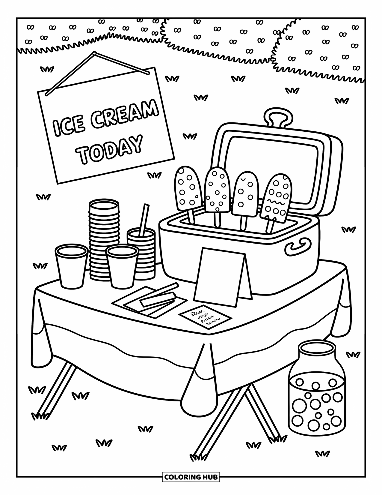 Summer Ice Cream Coloring Page for Adults: A backyard table labeled ìIce Cream Todayî displays popsicles and a juice jug