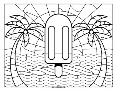 Coloriage de glaces d'été pour adultes : Un motif de sucette glacée audacieux encerclé de palmiers en éventail et de vagues marines courbes